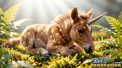 A spiral horn tops a small brown unicorn resting on mossy ground in bright sunlight