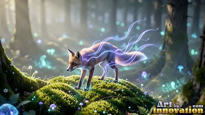A small fox walks across moss as purple light trails rise from its fur