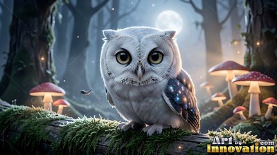 Perched facing forward on a mossy log, a white owl sits near red mushrooms
