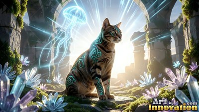 A cat with blue patterns sits near a floating jellyfish by bright crystals