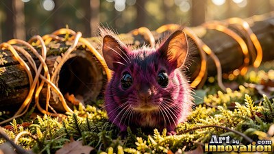 In a sunny forest, a tiny purple mouse with big dark eyes sits on green moss