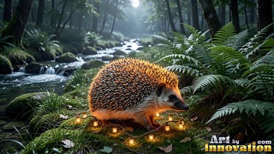 Walking past fairy lights, a spiny hedgehog rests by a creek in the ferns
