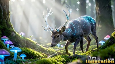 A six-legged deer walks down a mossy hill by blue mushrooms