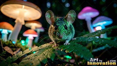 Green-flecked fur covers a small mouse sitting on fern leaves under bright pink and white mushrooms