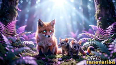 A small fox and two tiny possums sit together under bright sunbeams in purple ferns