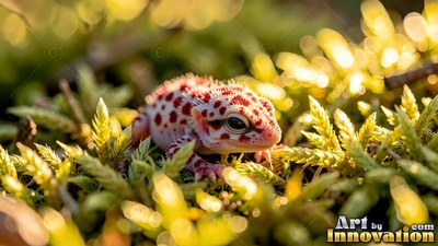 Crouching low in green moss, a red and white spotted lizard looks ahead