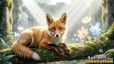 An orange fox rests on a mossy log under bright sunlight in stone ruins