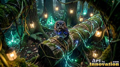 In a dark forest, a small owl perches on a mossy log beneath hanging lanterns