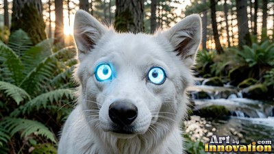 Staring forward, a white wolf pup with bright blue eyes stands by a forest stream