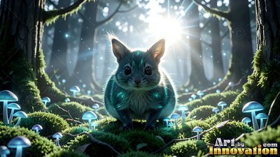 Tiny furry critter sitting by blue mushrooms in bright sunlight