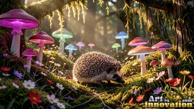 Spiky brown quills cover a hedgehog walking through moss under purple mushrooms