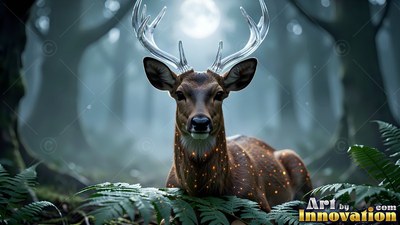 A deer lies among green forest ferns, its glass antlers lit by cool moonlight