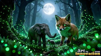 Standing together in a moonlit forest, a red fox and tiny elephant walk in green light