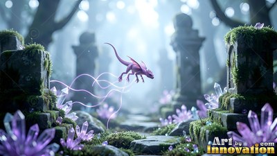 A small pink dragon leaps between mossy stone pillars and purple crystals