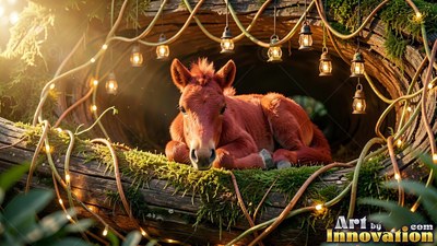 Inside a hollow log strung with warm lanterns, a reddish foal rests on green moss