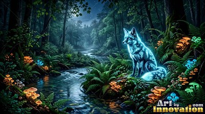 Sitting beside a forest stream, a bright blue patterned fox rests by ferns and mushrooms