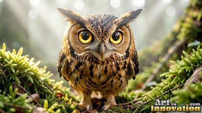 An owl with large yellow eyes stands on green moss in sunlight