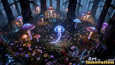 Long white tentacles trail behind a bright blue jellyfish floating in a dark mushroom forest