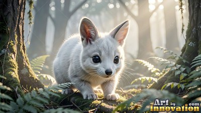 A small white fox creeps through ferns as soft morning sunlight filters through the trees