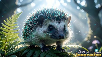 Facing forward on green ferns in bright light, a tiny hedgehog looks ahead