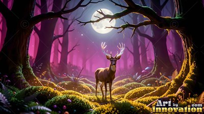 A deer stands on green moss under a full moon in pink woods