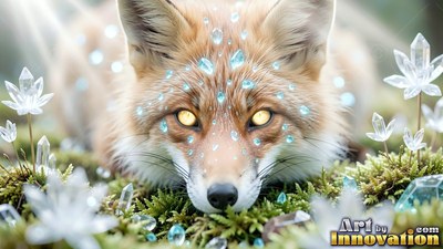 On moss beside clear crystals, a red fox rests with drops of water on its face