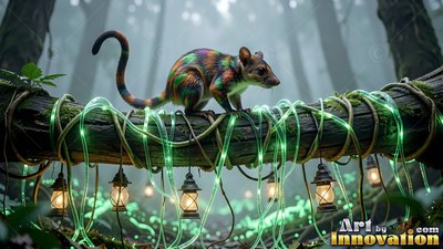 Walking along a mossy log, a tiny colorful creature pauses by green string lights