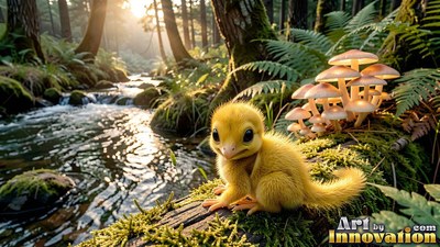 A fuzzy yellow creature sits on a mossy log beside pale mushrooms