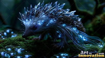 Crystal-tipped quills cover a small hedgehog walking along a mossy log near tiny blue mushrooms
