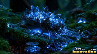 A spiky hedgehog walks across dark moss with blue crystal quills shining in the dark