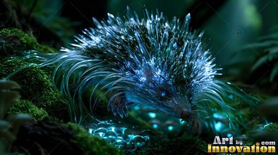 Walking forward on dark moss, a blue spiny hedgehog steps over shiny mushrooms