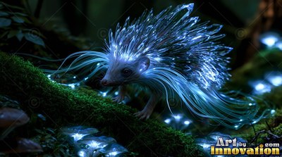A small hedgehog with blue glass quills walks along a mossy log near bright mushrooms