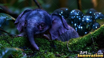 On a mossy log, a tiny purple elephant rests by dark shiny mushrooms