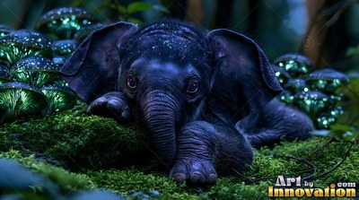 Resting on green moss, a baby dark blue elephant lies beside shiny mushrooms