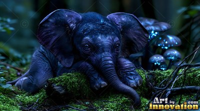 A tiny dark blue elephant rests on a mossy log beside shiny mushrooms