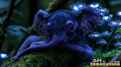Large ears frame a tiny purple elephant resting on a mossy branch beside blue mushrooms