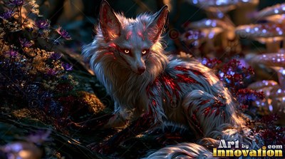 A white fox rests on the moss with red crystal spines shining in soft light