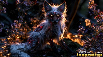 Crouching low in dark woods, a furry gray fox looks ahead with bright yellow eyes