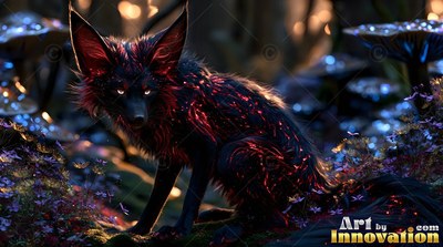 A small black fox with red streaks sits in a dark forest beside blue mushrooms