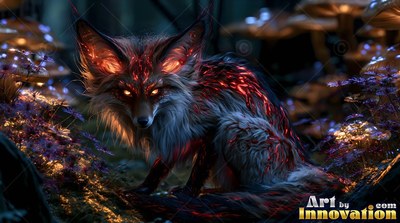 In a dark forest, a small fox sits with bright red light shining through its fur