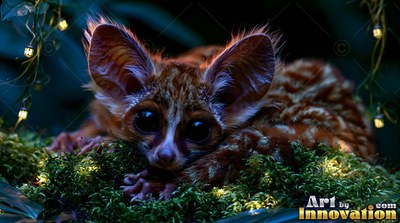 Resting on green moss, a furry big-eared creature looks forward near tiny lights
