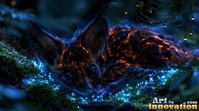 A tiny fox creature rests on moss with blue lights