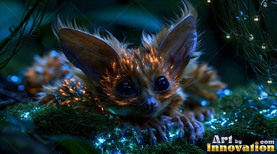 Spiky golden fur covers a small creature resting on moss dotted with tiny blue lights