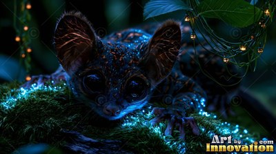 A big-eyed small critter rests on moss lit by tiny bright blue specks