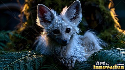 Lying down on dark fern leaves, a small silver fox rests with large ears alert