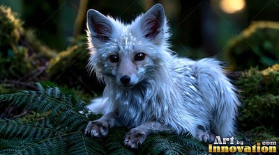 A small white fox rests on green fern leaves in the dim woods