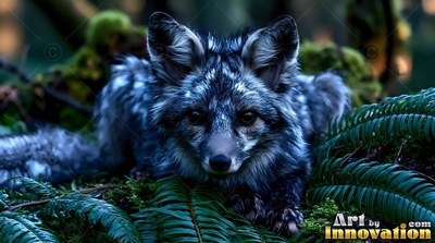 In a shaded forest, a fluffy silver-blue fox rests between green ferns