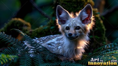 Resting in green ferns, a small big-eared fox is lit by warm sunlight from behind