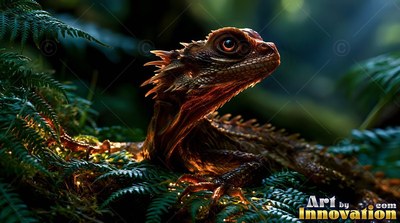 A spiky brown lizard resting among dark green ferns in warm light