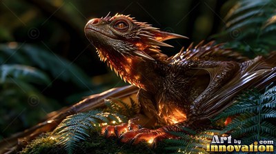 Spiky orange horns frame a small dragon resting on dark green ferns in warm light